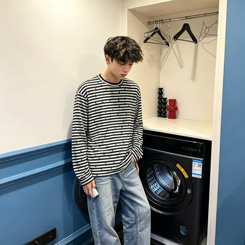 美式复古条纹星星印花长袖T恤男