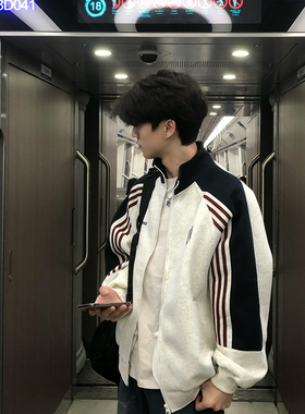 美式重磅灰色三条杠复古运动插肩袖卫衣男女撞色拼接立领开衫外套