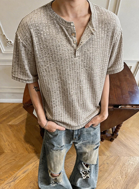 老钱风潮牌痞帅亨利领针织短袖男轻奢高级感绞花修身半袖T恤上衣