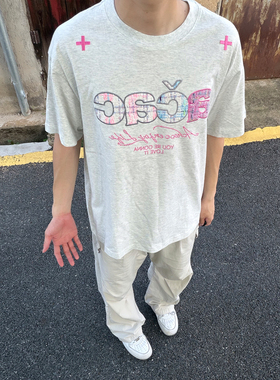 2026新款美式字母刺绣短袖t恤男女情侣装宽松圆领重磅纯棉T恤上衣