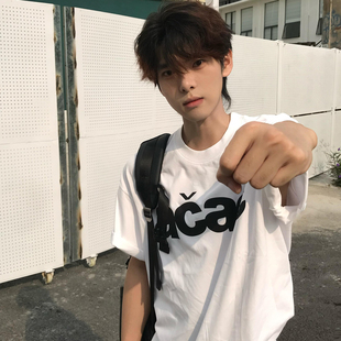 复古字母贴布绣短袖 T恤男女宽松纯棉显瘦休闲情侣T恤上衣 美式 新款