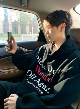 美式复古高街字母标语印花连帽卫衣男女秋冬季小众设计感情侣上衣