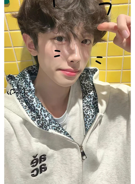 美式新款豹纹拉链刺绣连帽卫衣男女秋冬加绒百搭重磅休闲开衫外套