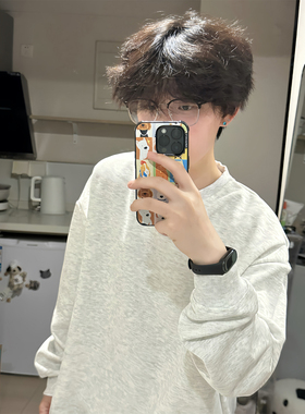 美式复古重磅圆领加绒宽松卫衣小领口秋冬季加绒潮牌男女上衣长袖