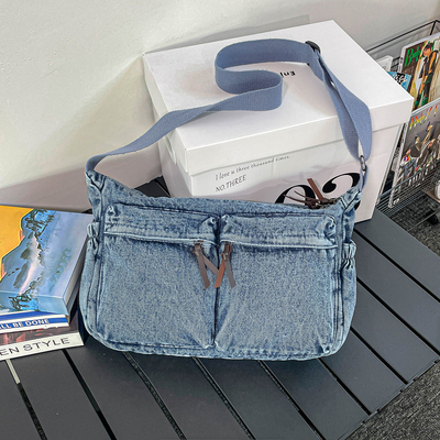 复古牛仔多口袋大容量托特包