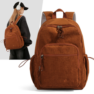 2025新款复古灯芯绒双肩背包女大容量多口袋通勤旅行包超轻便书包