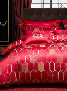 寐MINE100支新疆长绒棉色织提花套件婚庆八件套红色床上用品爱巢