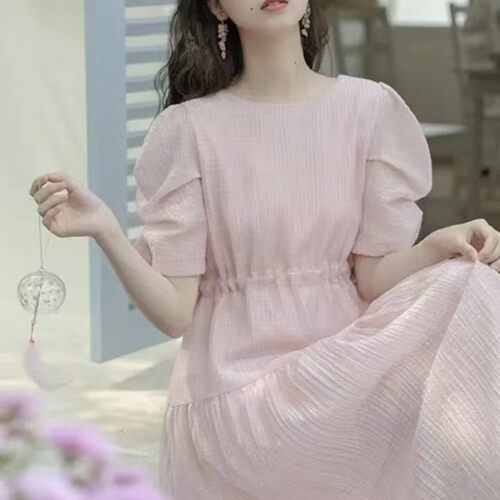 12YE 2025夏季新款女装粉色短袖连衣裙宽松显瘦气质裙子