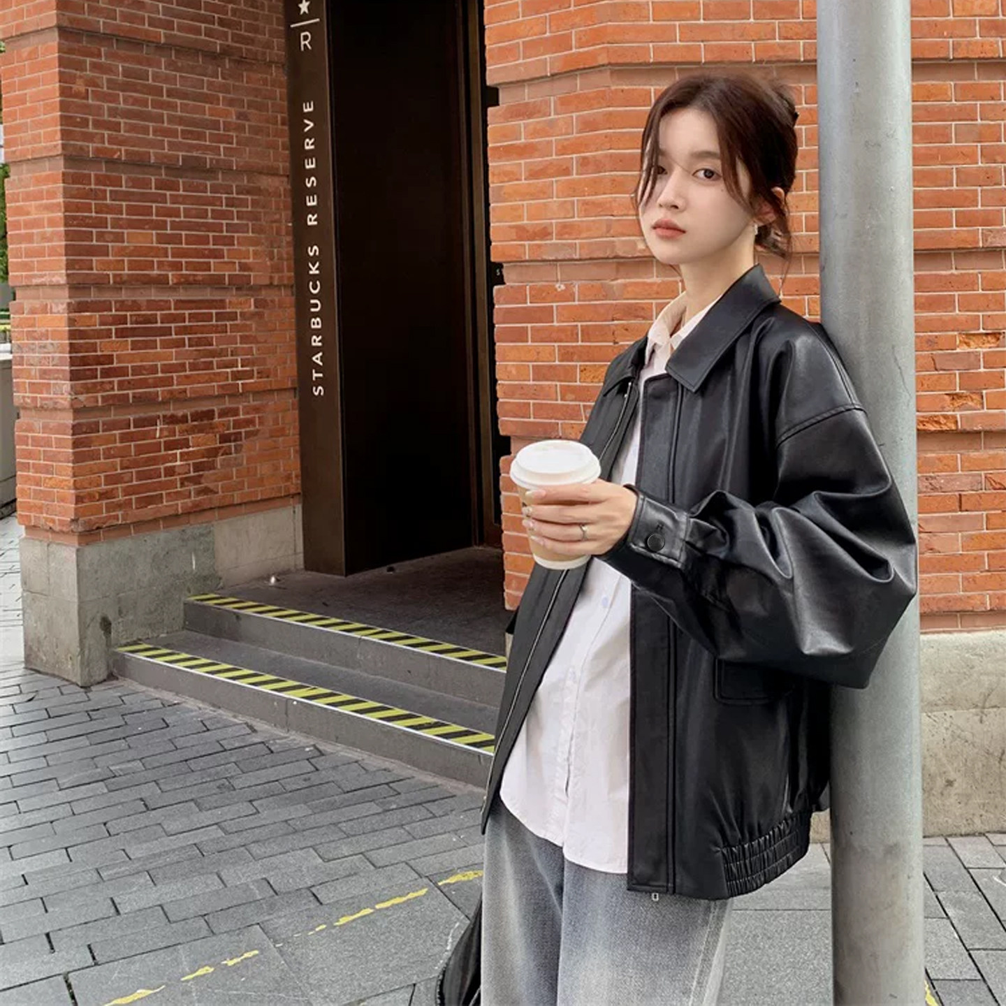 休闲宽松复古皮衣外套女短款
