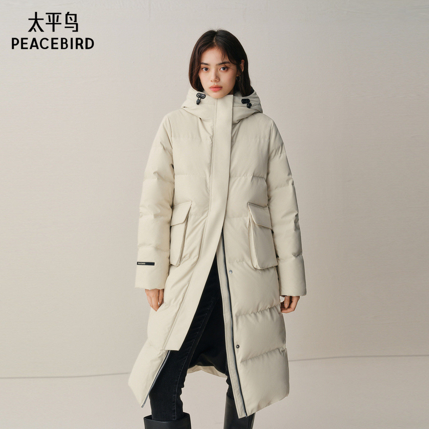 太平鸟白色中长款三防羽绒服女2026年新款90白鸭绒御寒保暖外套