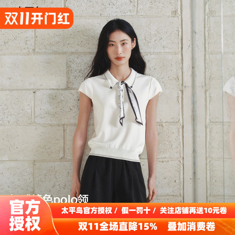 太平鸟智感撞色polo领短袖针织26秋季新款女士法式可拆卸丝巾上衣