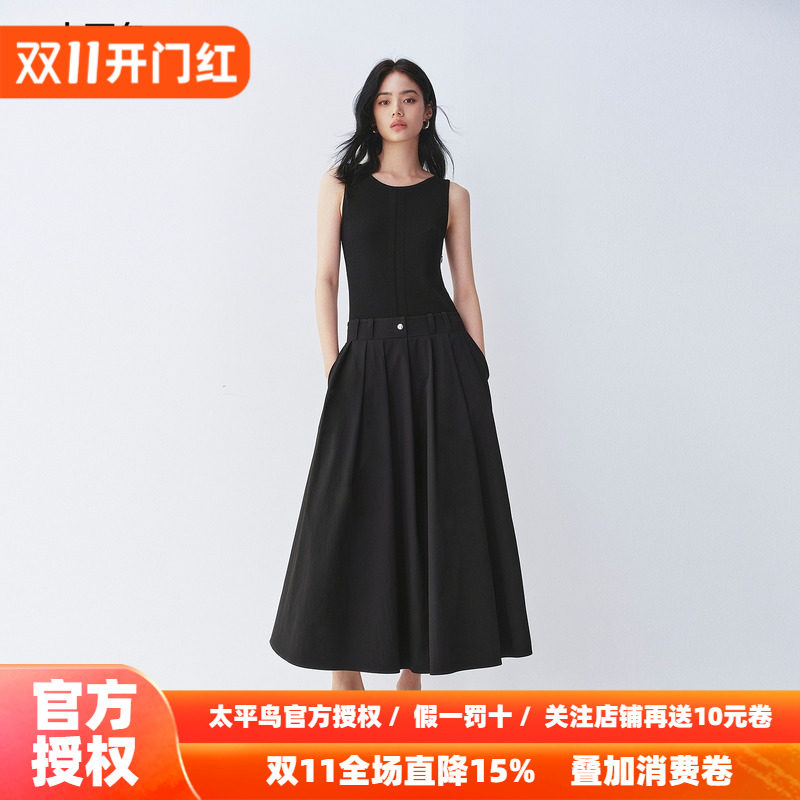 太平鸟无袖连衣裙女秋2026新款简约通勤裙子淡人高知穿搭黑色长裙