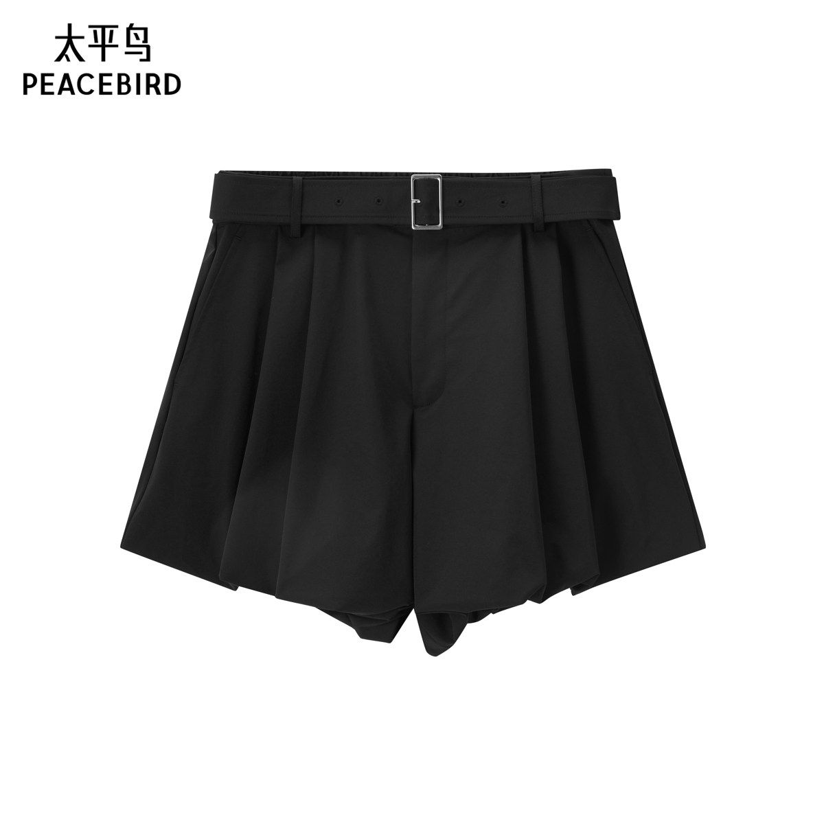 太平鸟高腰黑色短裤秋季时尚附带腰带阔腿直筒休闲中短裤女
