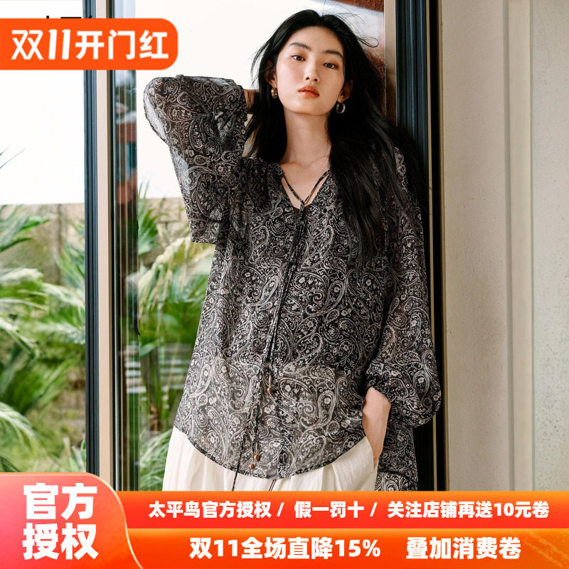 太平鸟Lea Woo联名复古佩斯利腰果满版印花长袖衬衫秋新雪纺上衣