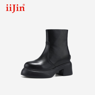 iiJin艾今25秋冬10.5cm厚底内增高超轻极简粗跟直筒短靴女593VNH