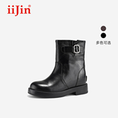 iiJin艾今26春新8cm厚底内增高复古水洗油蜡皮短筒西部靴女594NNG