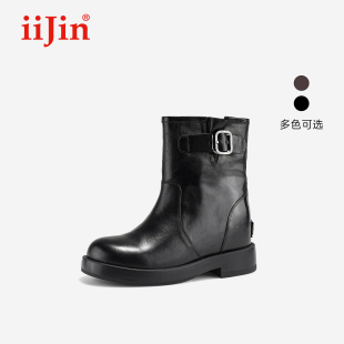 iiJin艾今26春新8cm厚底内增高复古水洗油蜡皮短筒西部靴女594NNG