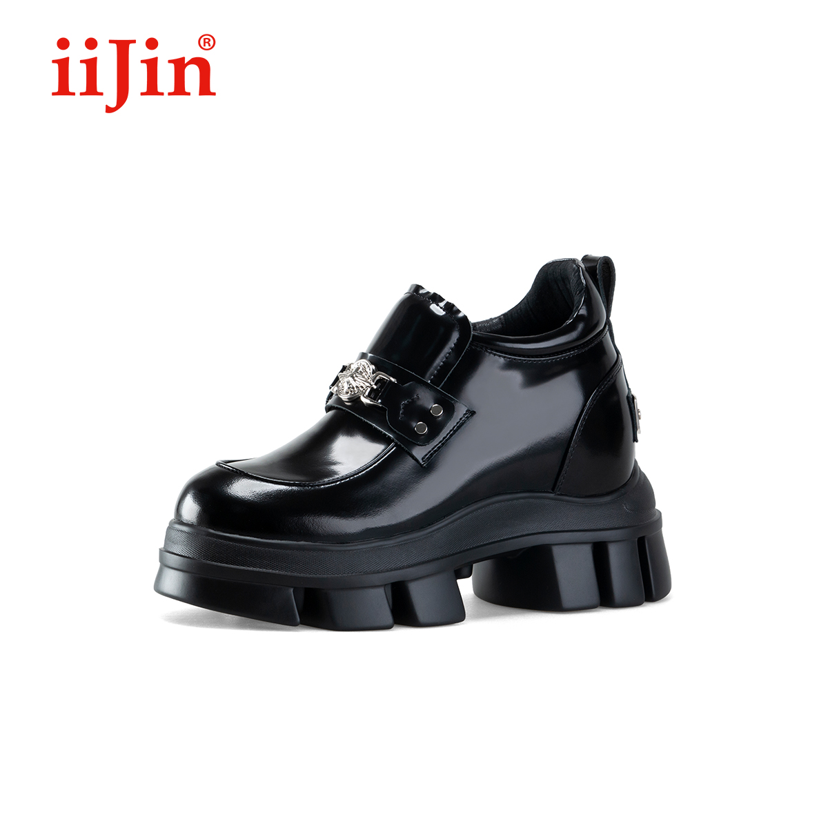iiJin艾今经典10.5cm超轻厚底内增高珠光链扣乐福皮鞋女YF958EXH