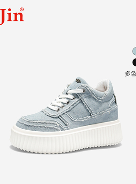 iiJin艾今2025新款8.5cm厚底内增高超轻牛仔帆布休闲板鞋女194GAA