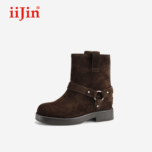 iiJin艾今25秋冬新品 8cm厚底内增高美拉德西部骑士直筒靴女594NFC
