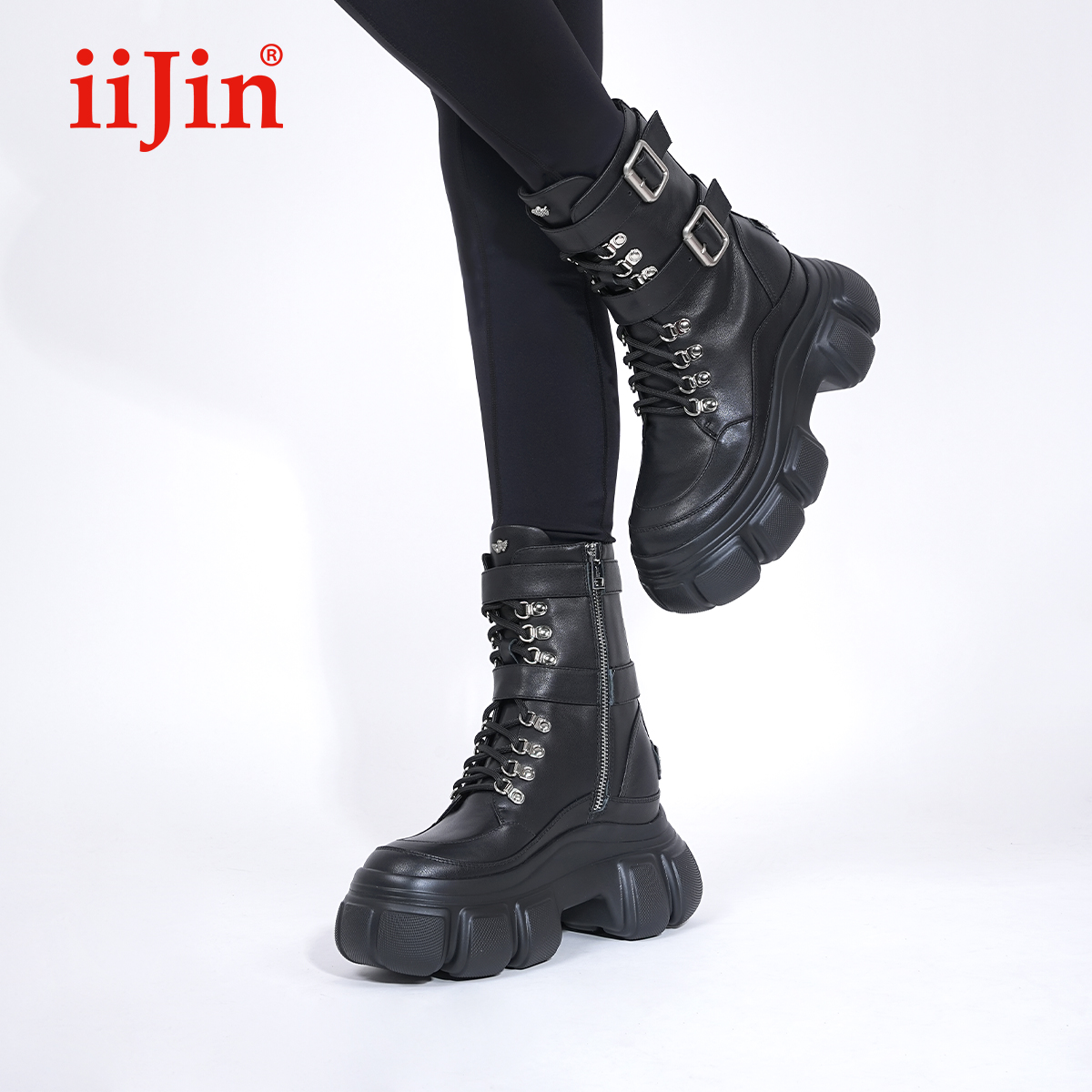 iiJin艾今官方9.5cm超轻厚底内增高朋克风马丁短靴子女YF918CWF1
