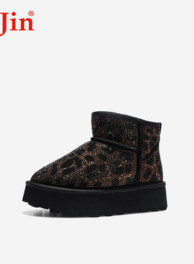 iiJin艾今25冬新品8cm超轻厚底内增高烫钻豹纹保暖雪地靴女707ONH
