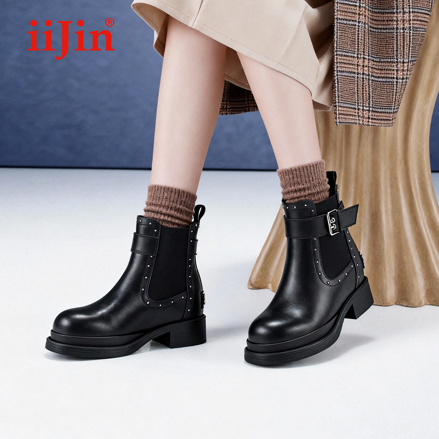 iiJin艾今25冬季新品8cm厚底内增高铆钉皮带扣切尔西短靴女567VNA,女鞋,切尔西靴,淘宝优惠券,粉丝福利购,淘宝优惠卷