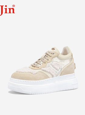 iiJin艾今官方秋冬9cm厚底内增高超轻毛绒拼接休闲板鞋女283GZA