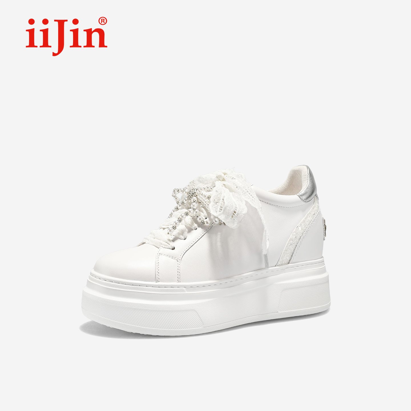 iiJin艾今25秋新品9cm厚底内增高超轻甜美蕾丝休闲小白鞋女291GNL