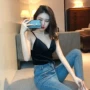 Áo crop top Quần ngắn của phụ nữ mặc bên trong có lưng đẹp Hồng Kông retro cổ chữ V đa năng - Áo ba lỗ áo ba lỗ nữ cách điệu