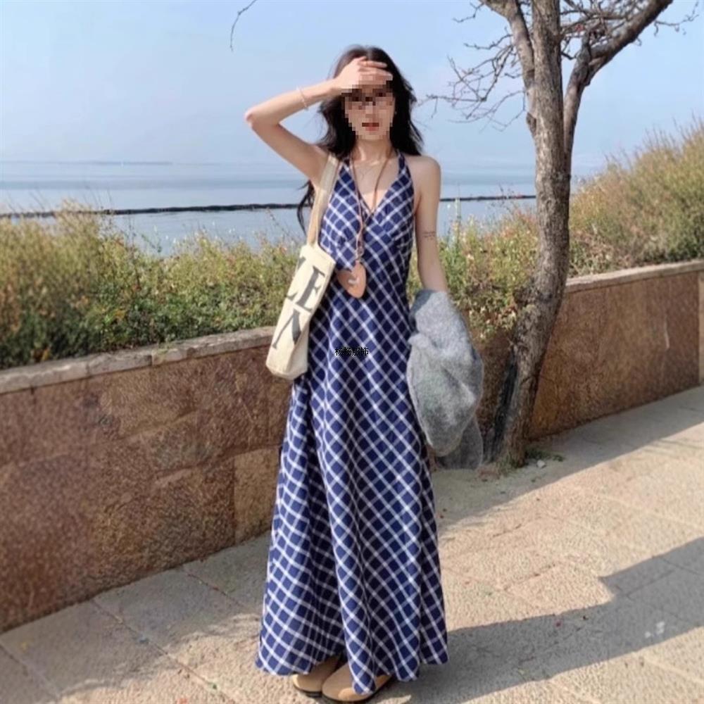 法式气质撞色格子挂脖吊带