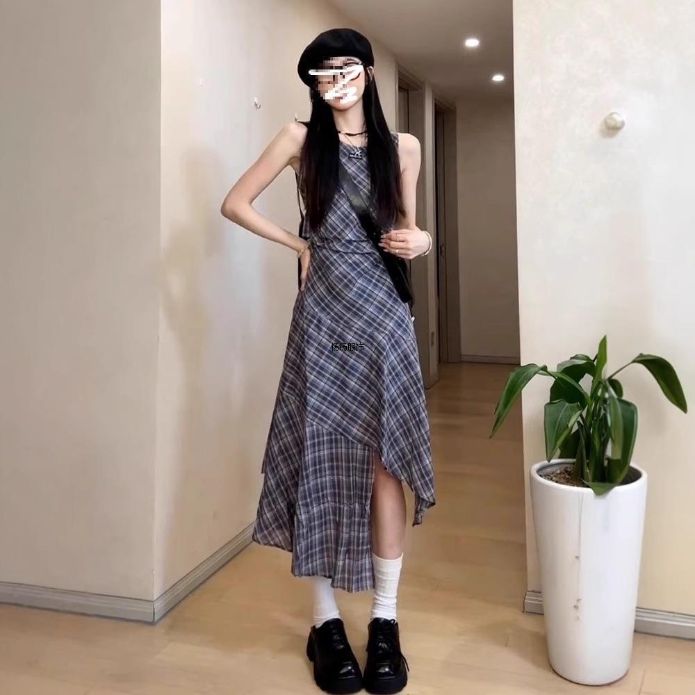复古格子连衣裙女夏季气质