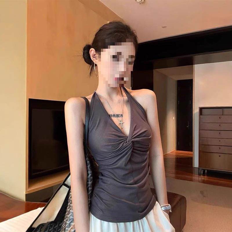 美式辣妹扭结设计感挂脖吊带背心夏季女款收腰褶皱显瘦无袖上衣服