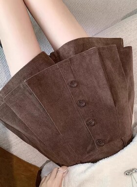 设计感灯芯绒裙裤女秋冬胖m复古减龄百褶高腰条绒A字阔腿短裤外穿