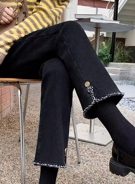 黑色直简宽松开叉牛仔裤春夏2025年新款高腰显九分烟管裤子小个子