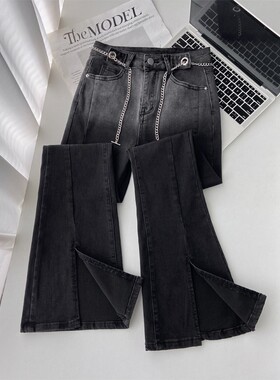 开叉加绒微喇牛仔裤女秋冬季2025年新款高腰显瘦黑色修身喇叭裤子