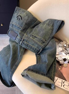 简约风韩系松紧腰休闲直筒牛仔裤女2025秋新款胖mm大码显瘦阔腿裤