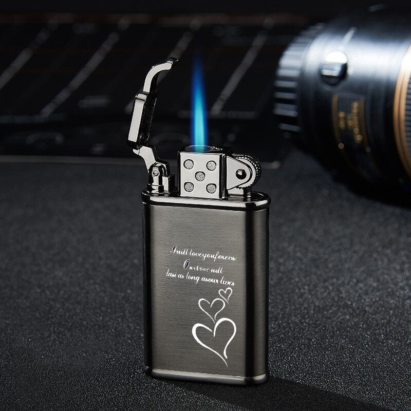 合金创意防风充气打火机超薄金属气体直冲电子点烟器蓝焰定制刻字