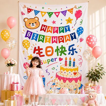 儿童生日布置装饰挂布男女宝宝周岁派对卧室客厅拍照背景布用品