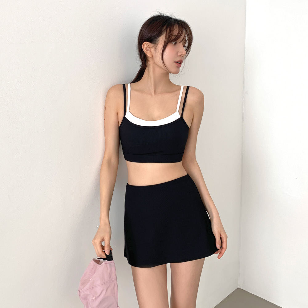 韩版简约休闲裙式分体泳衣女保守显瘦高腰遮肉三件套温泉度假泳装