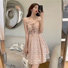 A new V-neck pink floral dress for women in spring and summer