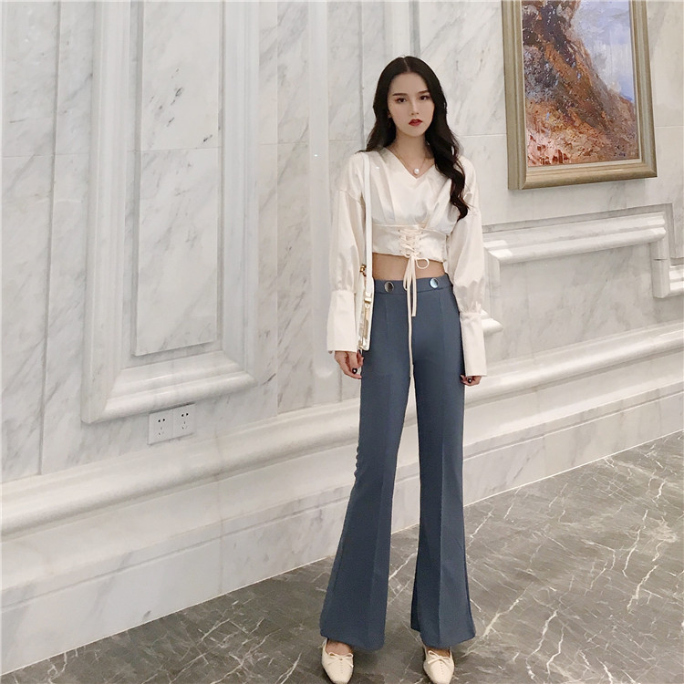 Real shot 2021 spring new high waist two button decorative slim flared pants