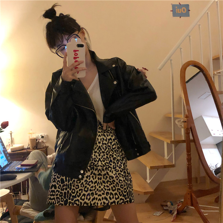 Real shooting spring and autumn Korean version ins loose locomotive Lapel versatile Pu jacket coat women's net red leather clothes fashion cool