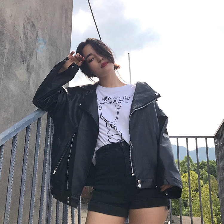 South Korea chic leather short PU leather coat shows thin and loose BF Harajuku jacket