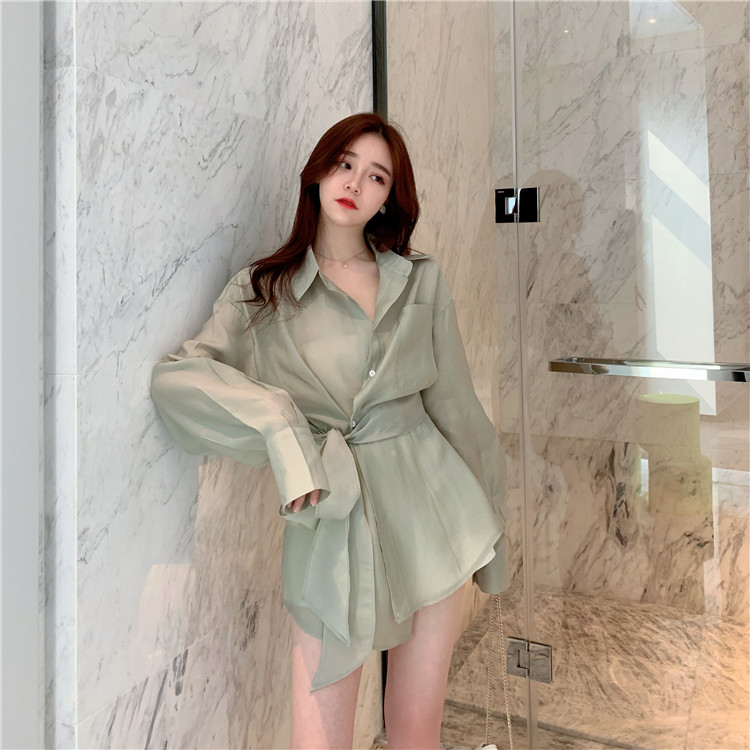 Real photo 2021 spring new chic sunscreen shirt women's loose lace up long sleeve slim top