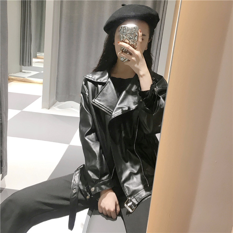 Real shot hong kong style versatile neutral Lapel leather jacket loose BF show thin motorcycle coat belt