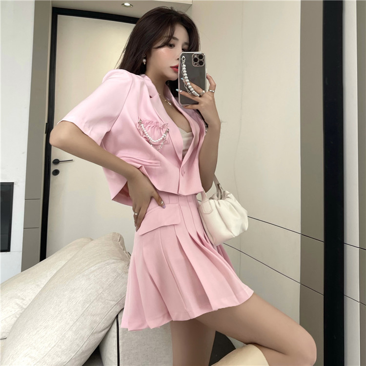 Real shot Korean style suit coat women's short sleeve high waist pleated skirt two piece Street blasting suit