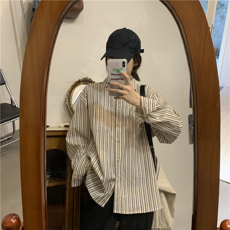 Real photo striped shirt women autumn apricot long sleeve vertical striped shirt Japanese retro loose top