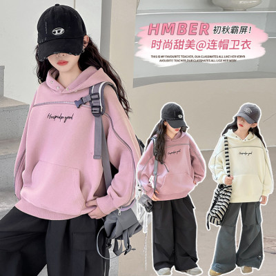 2025新款秋装甜美连帽卫衣女童时尚百搭休闲上衣米白色浅紫色潮款