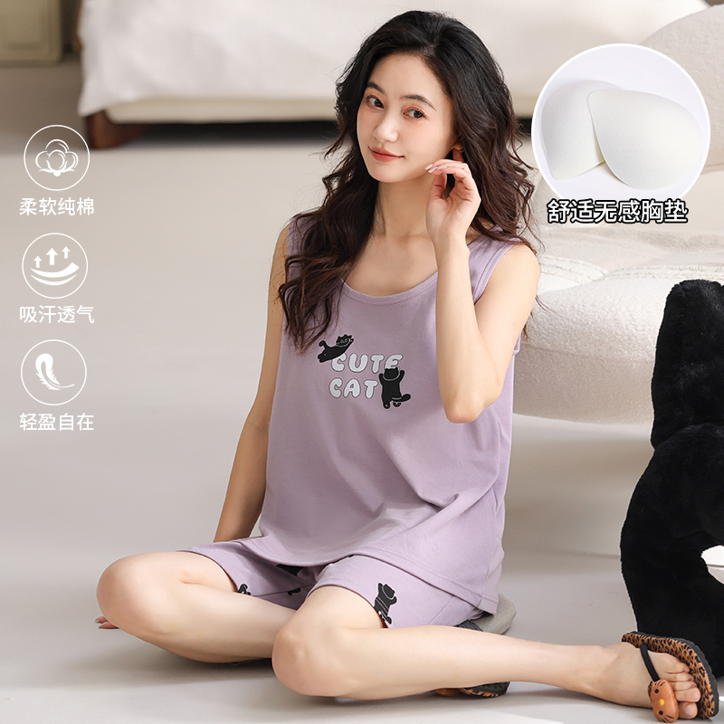 睡衣女款夏季2025新款薄款纯棉带胸垫无袖背心短裤宽松家居服套装